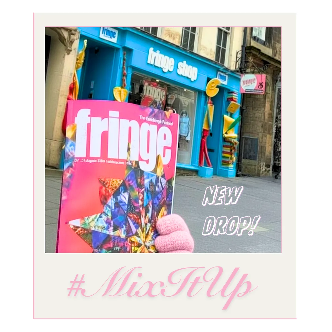 The pink 2026 Fringe programme held outside the Fringe Shop