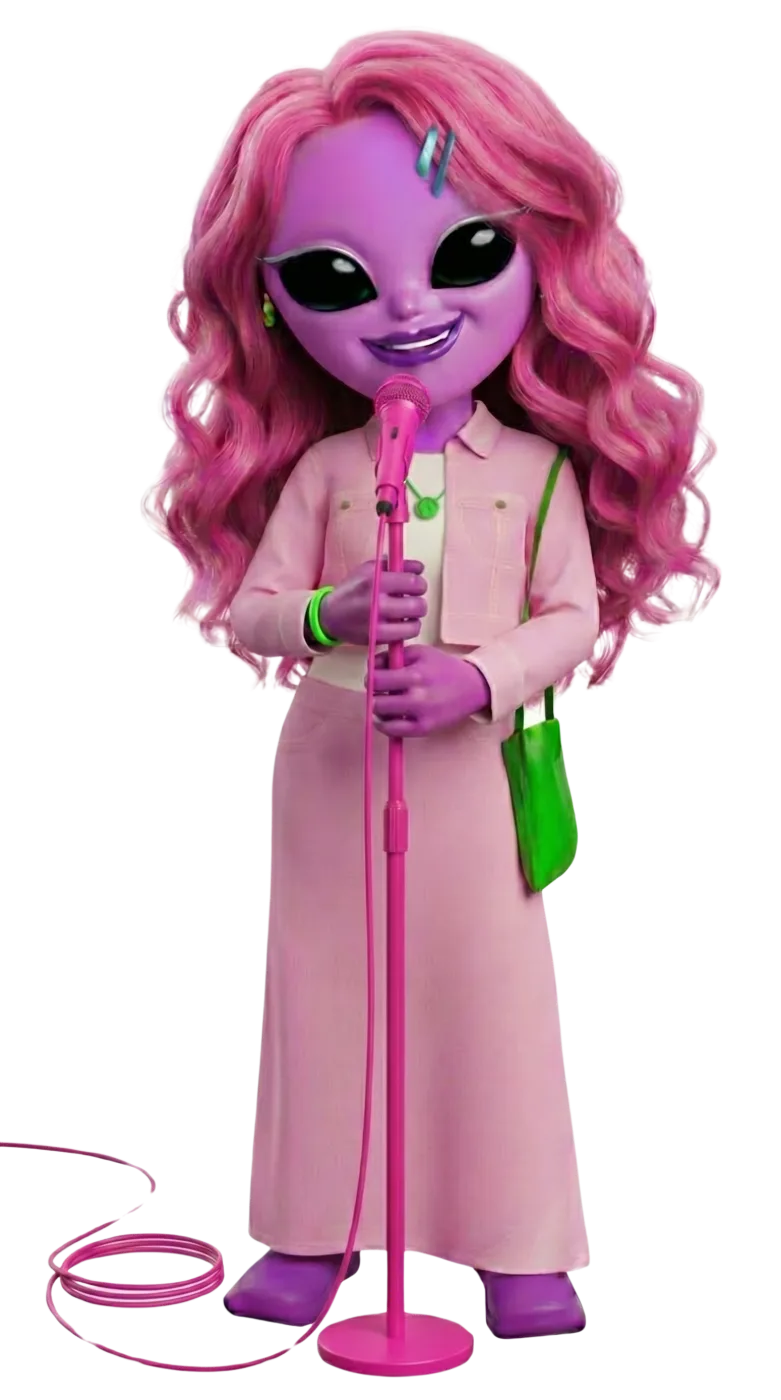 Aliena Pinkoma at her pink microphone, rehearsing beside the timer