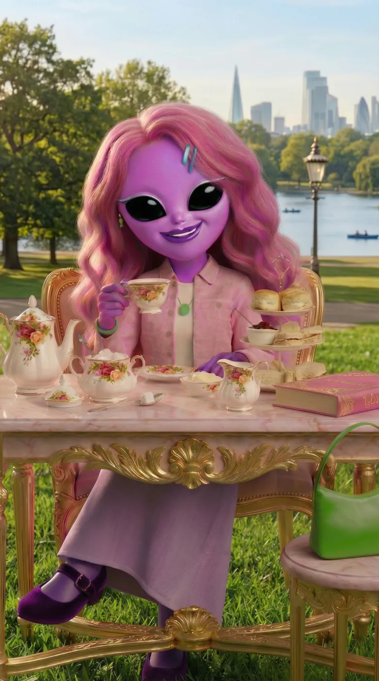 Aliena Pinkoma taking afternoon tea at a gilded table in a London park