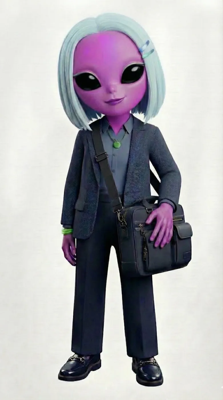 Aliena Rebecca smiling brightly, ice-blue bob with hair clips, grey suit and jade pendant