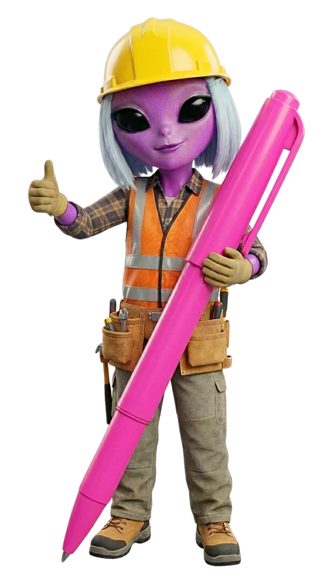 Aliena Rebecca in a hi-vis vest and hard hat, holding a giant pink pen, inviting your contribution