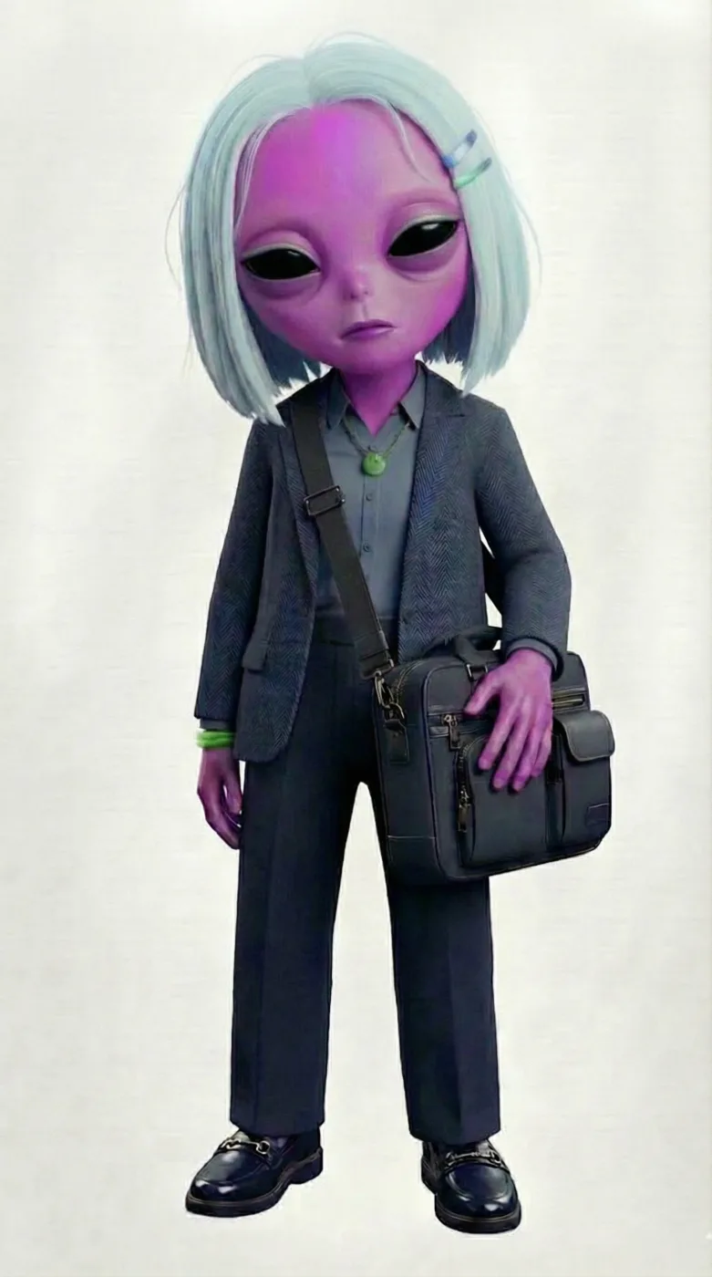 Aliena Rebecca, a tired lilac alien with an ice-blue bob, in a grey corporate suit holding a laptop bag
