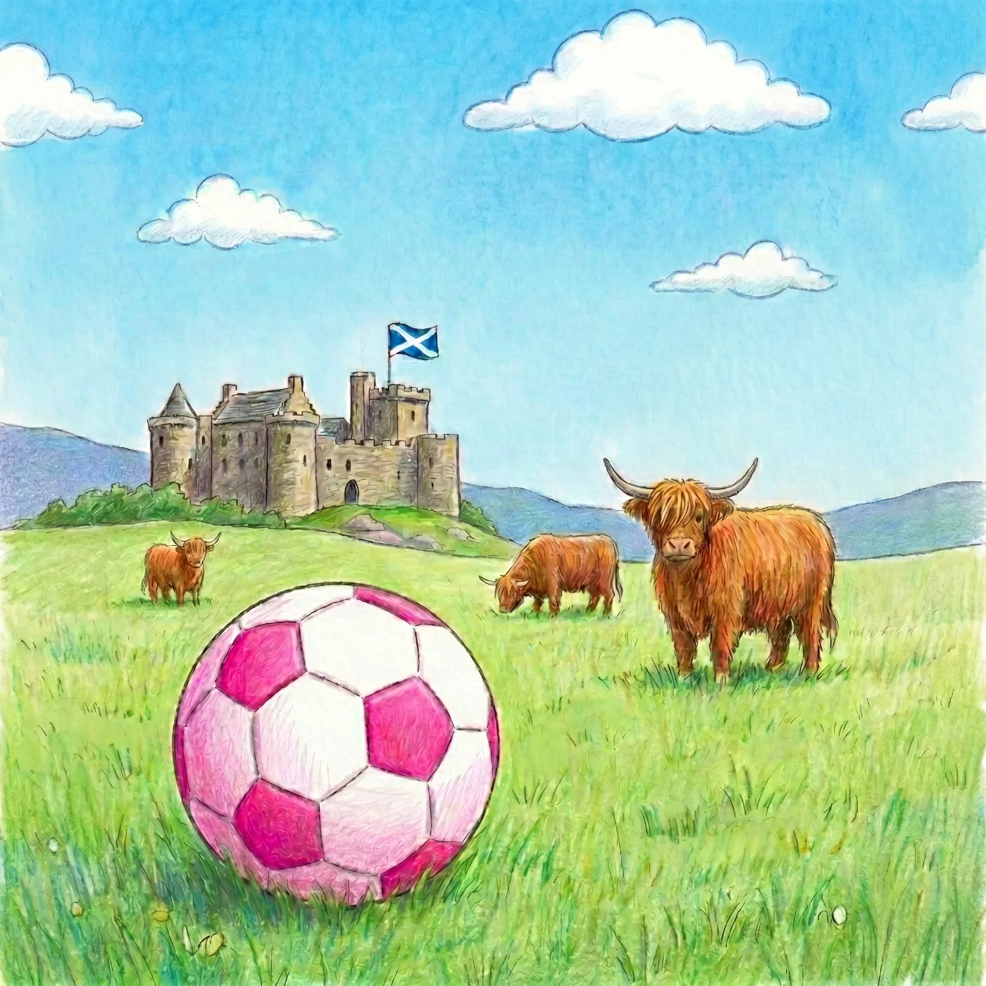 A pink football on Scottish grass with a castle and Highland cattle behind